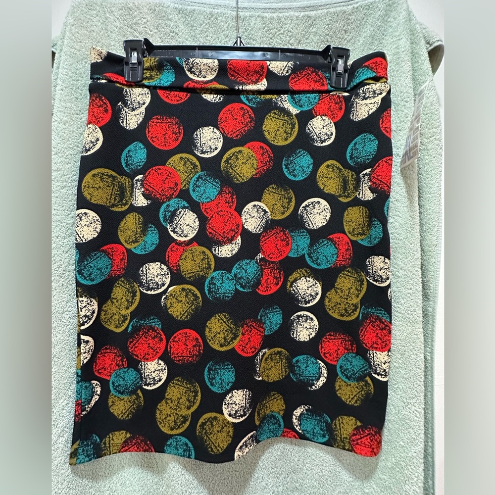LuLaRoe Black Skirt with Red, Blue, and Gold Dots